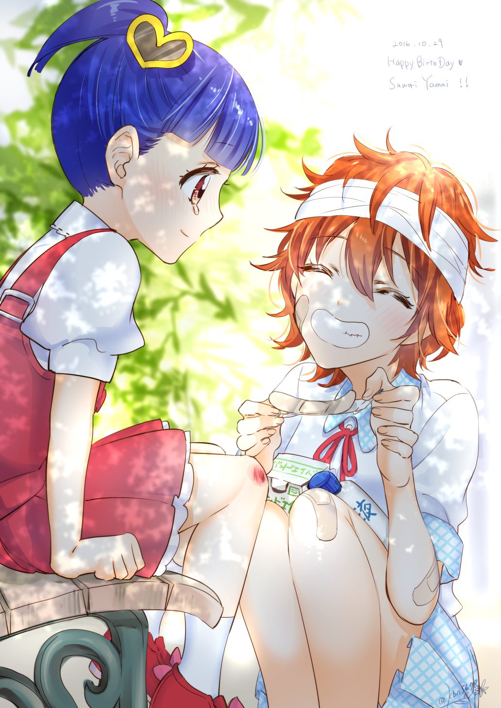 2girls, bandaged_head, bandages, bandaid, bandaid_on_face, bandaid_on_hand, blue_hair, blunt_bangs