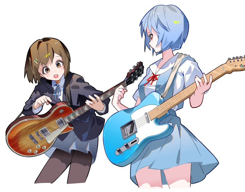 2girls, ayanami_rei, blazer, blue_dress, blue_hair, blue_jacket, blue_ribbon, brown_eyes, brown_hair, brown_pantyhose, collared_shirt, crossover, dress, electric_guitar, grey_skirt, guitar, highres, hirasawa_yui, hiro_(yoshi_chan), holding, holding_guitar, holding_instrument, instrument, jacket, k-on!, looking_at_another, multiple_girls, neck_ribbon, neon_genesis_evangelion, pantyhose, pleated_skirt, red_eyes, ribbon, sakuragaoka_high_school_uniform, school_uniform, shirt, short_hair, simple_background, skirt, standing, tokyo-3_middle_school_uniform, twintails, white_background, white_shirt, winter_uniform