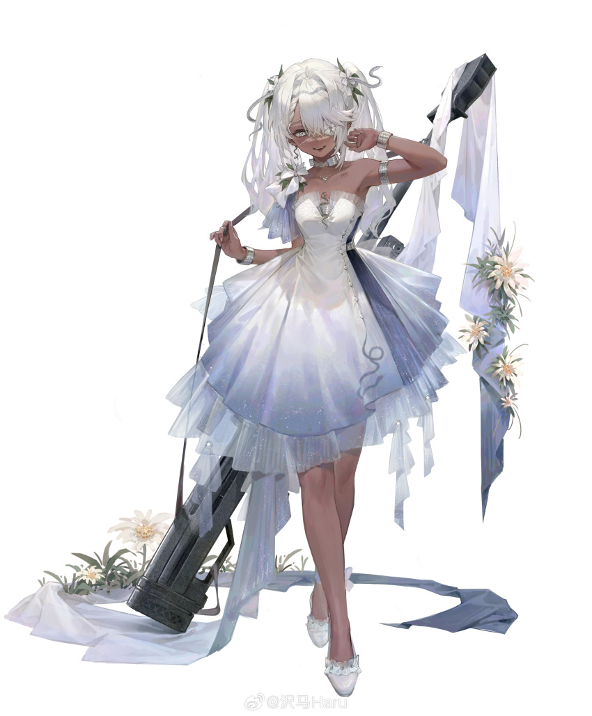 1girl, absurdres, adjusting_strap, ankle_flower, anti-materiel_rifle, armlet, bare_shoulders, blue_stripes