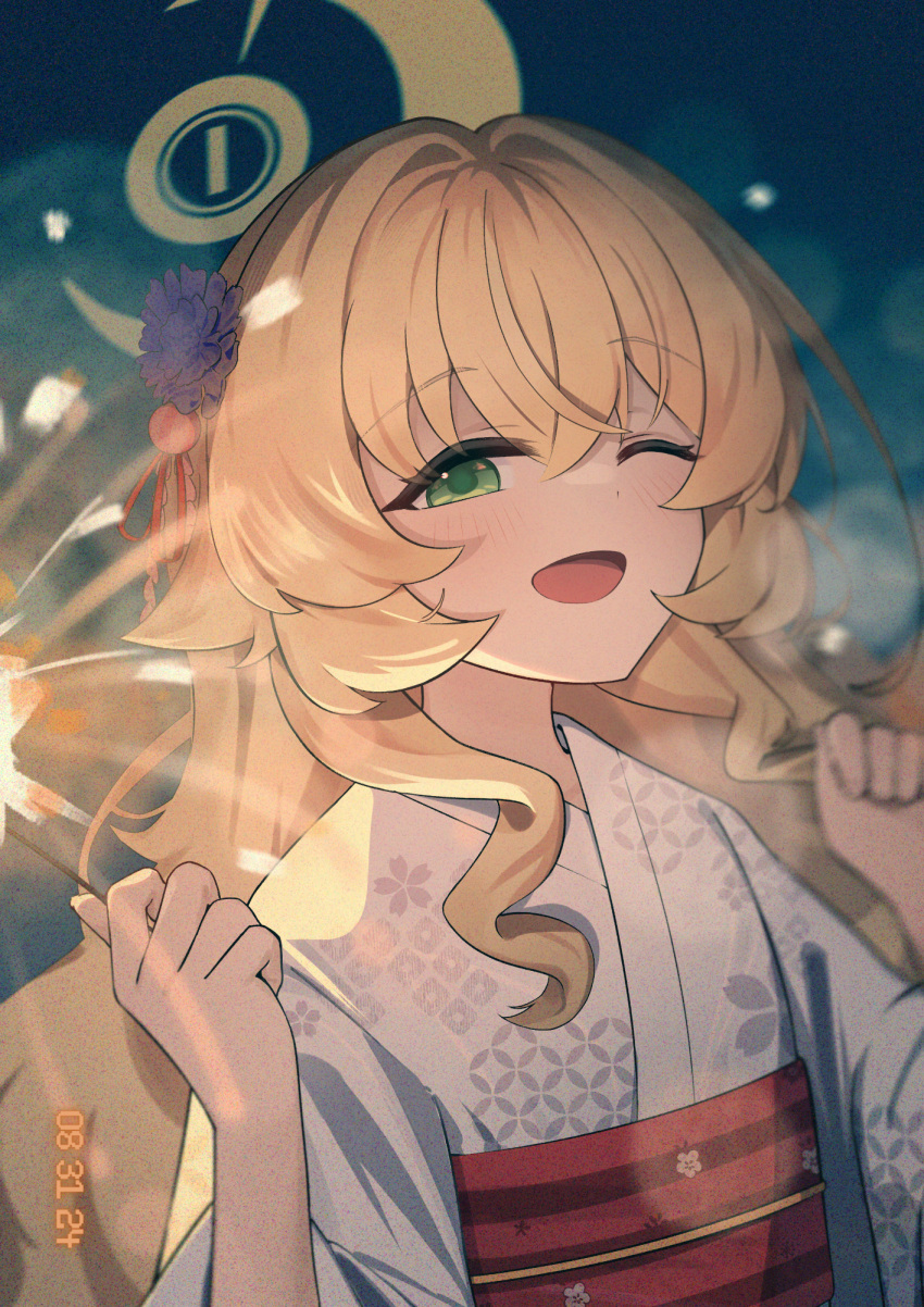 1girl, alternate_costume, blonde_hair, blue_archive, ciza_gomi, clenched_hands, dated, fireworks
