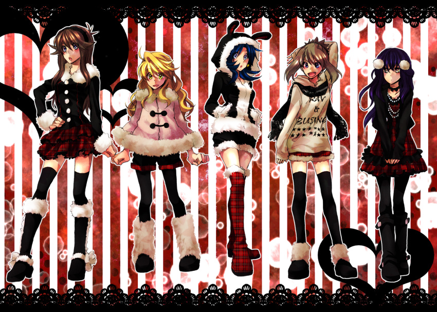 5girls, alternate_costume, alternate_hairstyle, animal_ears, blonde_hair, blue_(pokemon), blue_hair, brown_hair