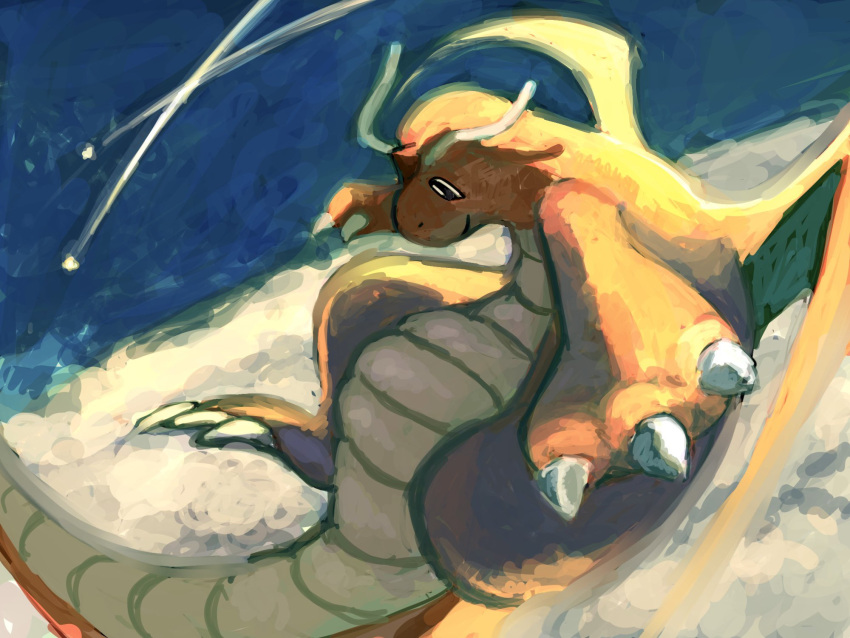 blue_sky, closed_mouth, clouds, dragon, dragonite, falling_star, flying, highres, kfkgot7ig2r5265, no_humans, pokemon, pokemon_(creature), pokemon_focus, sky, smile, solo, wings