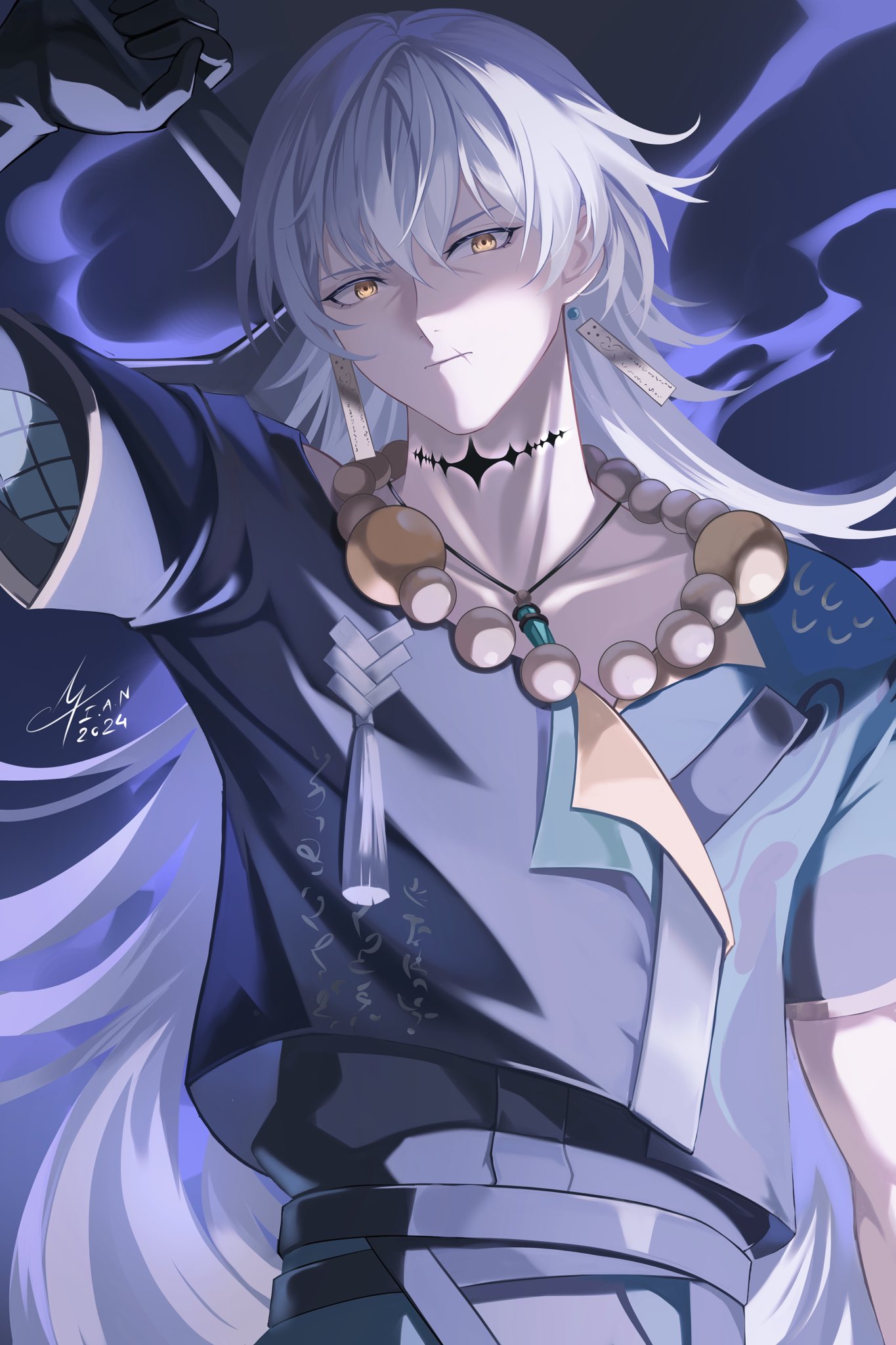 1boy, arm_up, black_gloves, black_shirt, collarbone, commentary, dated, earrings