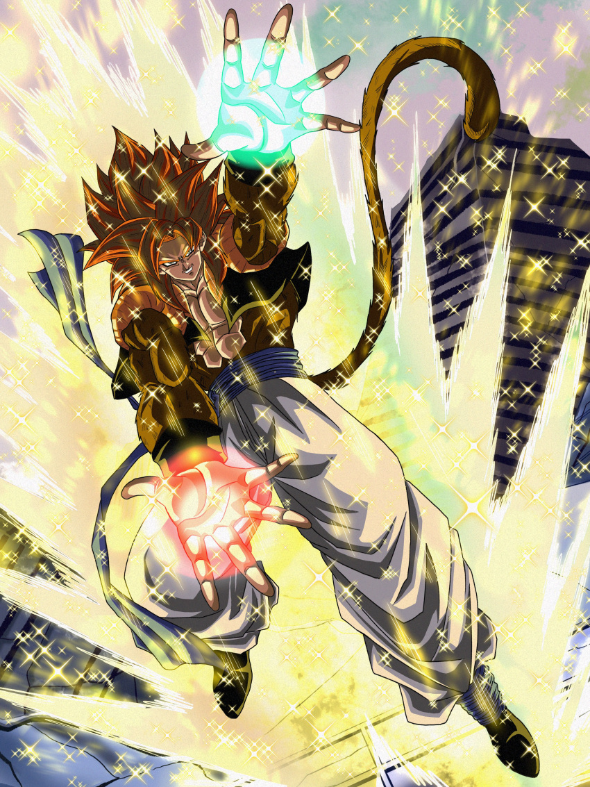 1boy, absurdres, aura, bare_shoulders, blue_sash, brown_tail, dragon_ball, dragon_ball_gt, full_body, glowing, glowing_hair, gogeta, highres, long_hair, male_focus, metamoran_vest, monkey_tail, muscular, muscular_male, open_mouth, pants, powering_up, redhead, sai_t_d, sash, solo, spiky_hair, super_saiyan, super_saiyan_4, tail, teeth