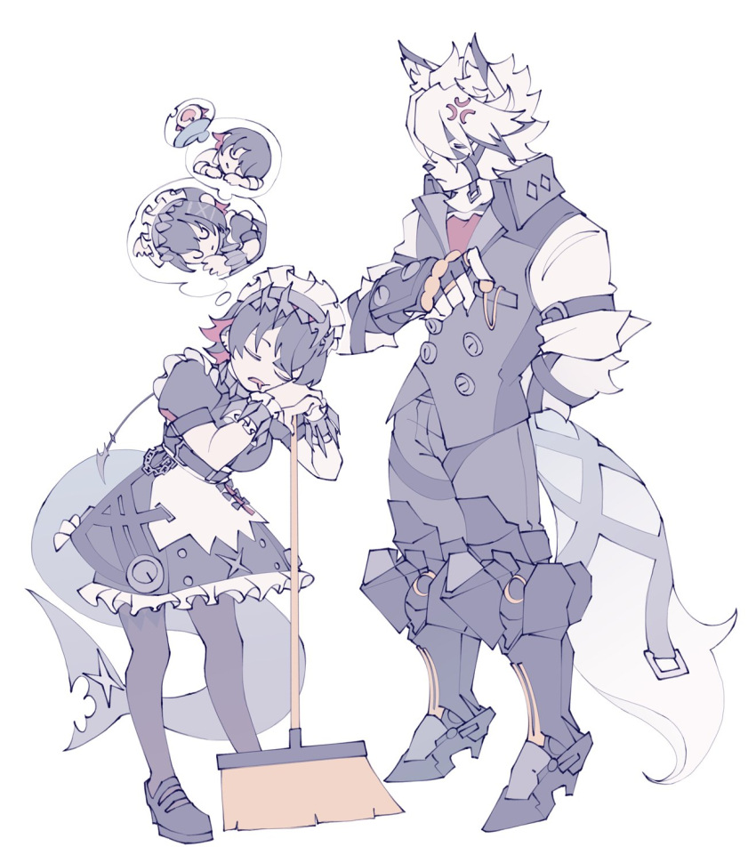 1boy, 1girl, anger_vein, animal_ears, animal_nose, apron, arm_behind_back, arm_belt