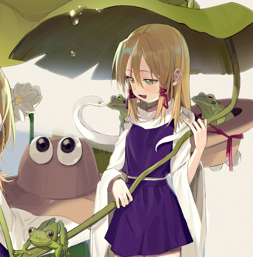 1girl, absurdres, animal_on_shoulder, bird, bird_on_shoulder, blonde_hair, brown_hat, closed_eyes