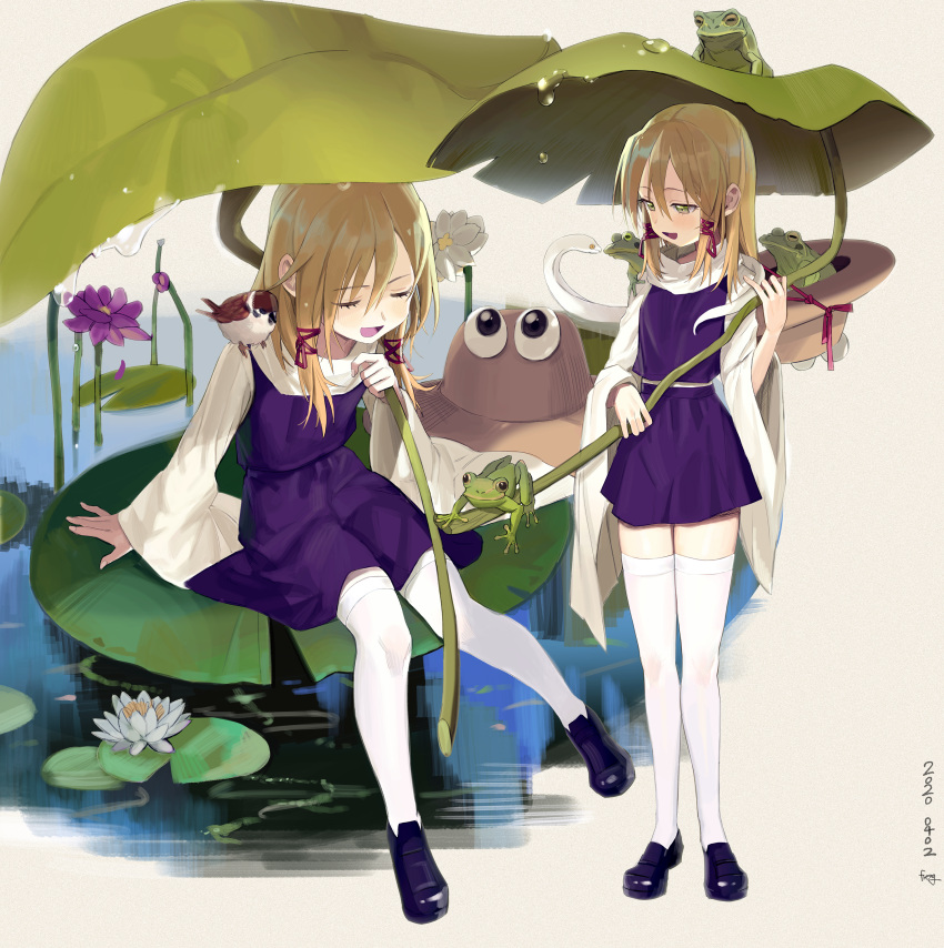 1girl, absurdres, animal_on_shoulder, bird, bird_on_shoulder, blonde_hair, brown_hat, closed_eyes