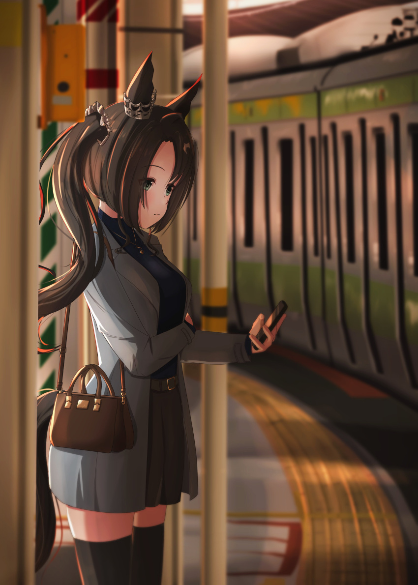 1girl, absurdres, animal_ears, bag, black_hair, black_thighhighs, blue_jacket, blue_sweater