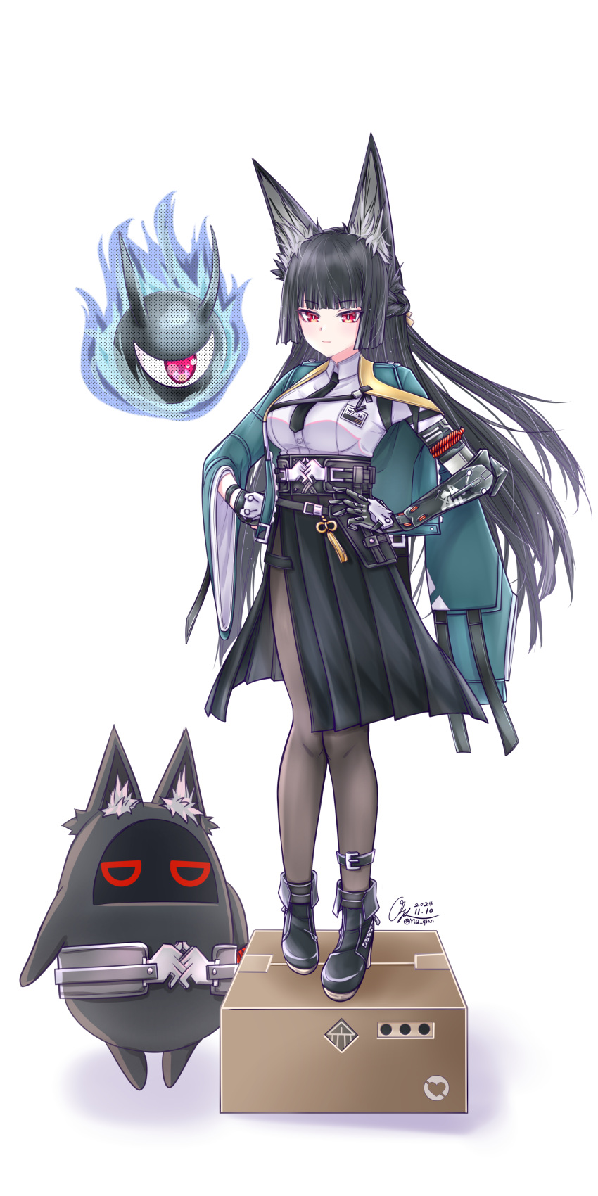 1girl, absurdres, animal_ear_fluff, animal_ears, artist_name, bangboo_(zenless_zone_zero), black_footwear, black_gloves, black_pantyhose, black_skirt, blunt_bangs, closed_mouth, dated, dress_shirt, fox_ears, fox_girl, full_body, gloves, green_jacket, hand_on_own_hip, high-waist_skirt, highres, hoshimi_miyabi, hoshimi_miyabi_bangboo, jacket, light_smile, ooarai_school_uniform, pantyhose, red_eyes, school_uniform, shirt, sidelocks, signature, simple_background, skirt, solo, standing, standing_on_box, white_background, white_shirt, y.l.q., zenless_zone_zero