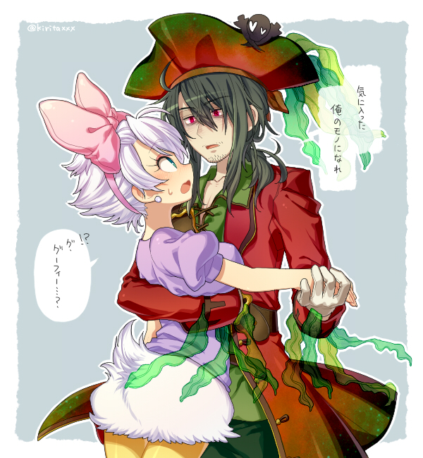 1boy, 1girl, bags_under_eyes, blush, border, bow_hairband, coat, daisy_duck, disney, duck_girl, duck_tail, earrings, facial_hair, gloves, goofy, green_shirt, grey_hair, hair_between_eyes, hairband, hat, hetero, holding_hands, humanization, jewelry, kiri_futoshi, mustache_stubble, open_mouth, pearl_earrings, pink_hairband, pirate_costume, pirate_hat, purple_shirt, red_coat, red_eyes, red_hat, shirt, short_hair, speech_bubble, stubble, sweatdrop, twitter_username, white_border, white_gloves, white_hair
