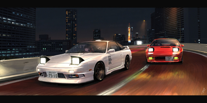2girls, building, car, city, cityscape, closed_mouth, driving, highres