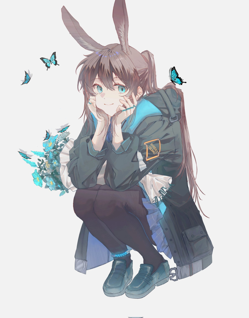 1girl, amiya_(arknights), animal_ears, aqua_butterfly, aqua_eyes, aqua_footwear, aqua_hoodie, arknights
