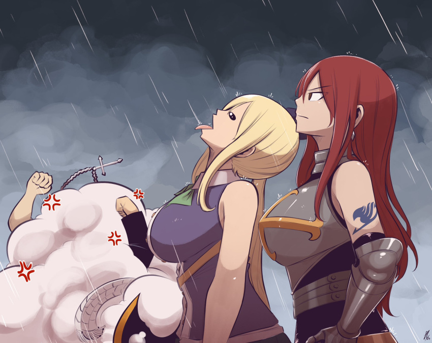 2boys, 2girls, anger_vein, arm_tattoo, armor, bare_shoulders, blonde_hair, breastplate