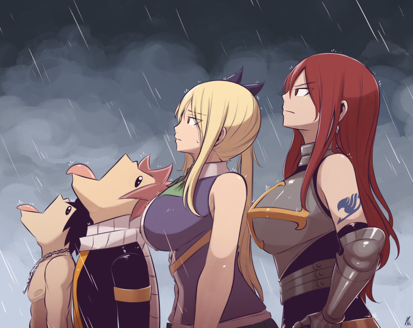 2boys, 2girls, arm_tattoo, armor, bare_shoulders, black_hair, blonde_hair, breastplate