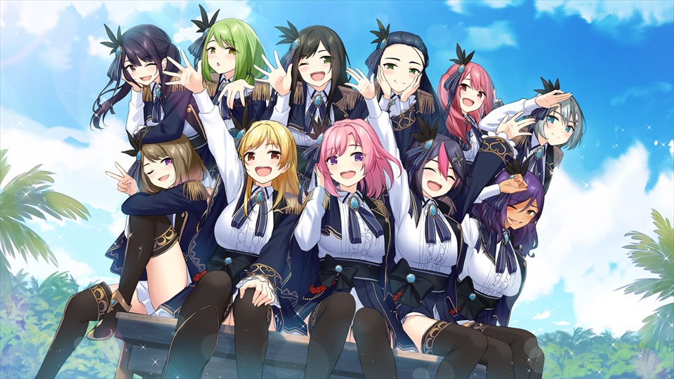 6+girls, :d, beatrix_yozuki_noctiflora, black_hair, black_thighhighs, blonde_hair, blue_eyes, blue_sky, closed_eyes, day, fuma_lily, game_cg, green_eyes, green_hair, grey_hair, hanao_akari, kashima_nanao, kazamatsuri_oka, kokonohi_hotaru, light_brown_hair, long_hair, long_sleeves, looking_at_viewer, machiyuki_ricka, miniskirt, moe!_ninja_girls, momochi_myu, multiple_girls, official_art, one_eye_closed, open_mouth, outdoors, pink_hair, pleated_skirt, purple_hair, saion-ji_enju, shirt, sitting, skirt, sky, smile, suou_yamabuki, thigh-highs, thighs, tree, violet_eyes, white_shirt, yellow_eyes, yomoda_tengge, zettai_ryouiki