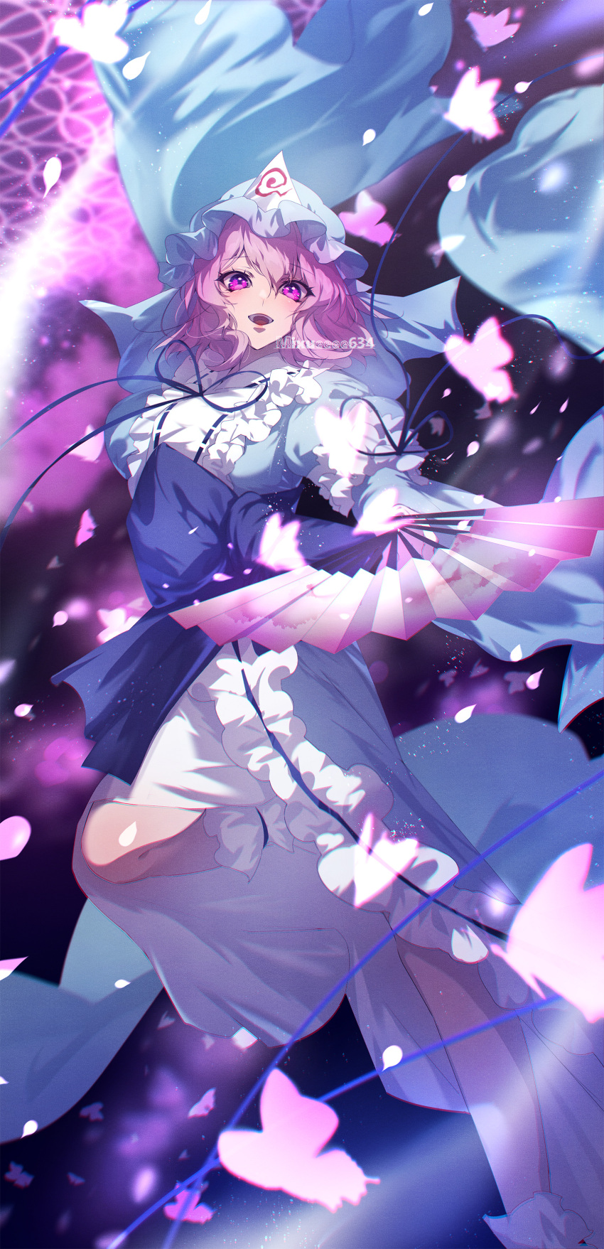 1girl, absurdres, blue_hat, blue_kimono, blue_ribbon, blush, bug, butterfly