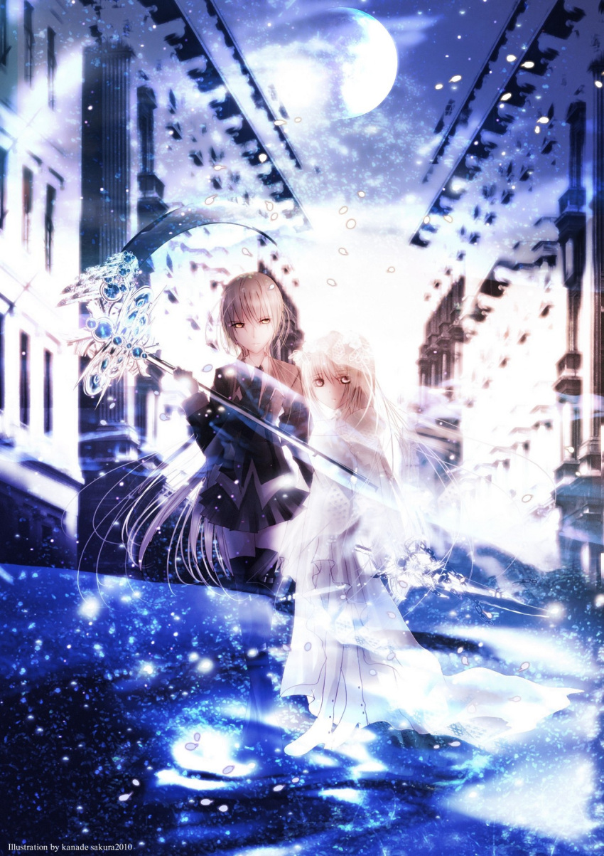 highres, kanade_sakura, moon, multiple_girls, original, scythe, snow