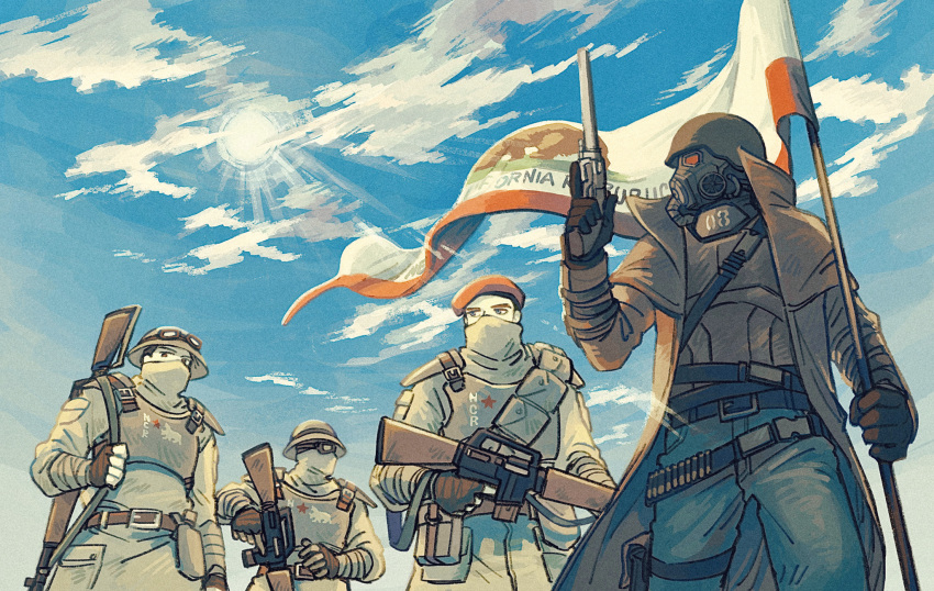 ar-15, assault_rifle, bandana, bear, beret, blue_sky, body_armor, bullet