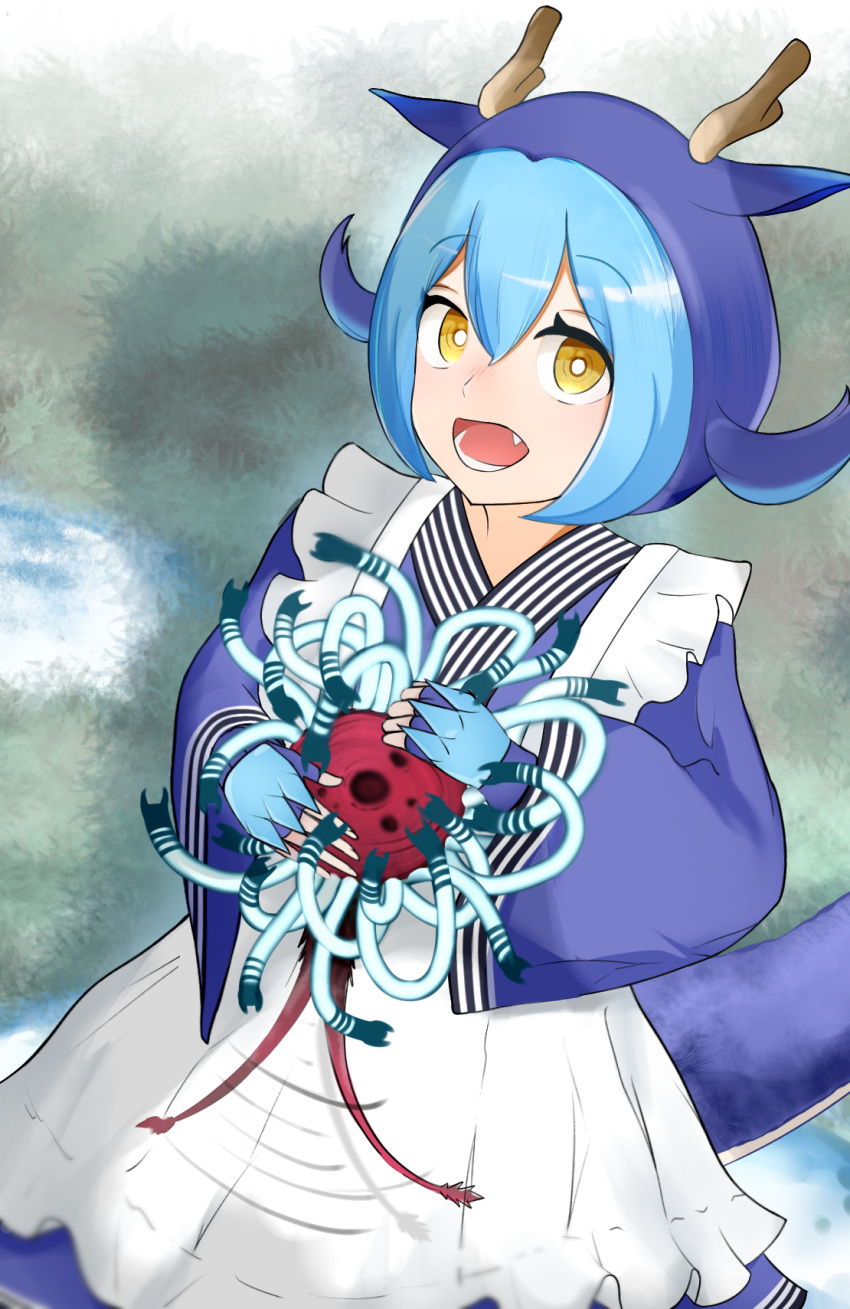 1girl, apron, blue_hair, blush, dragon_girl, dragon_horns, dragon_tail, duel_monster