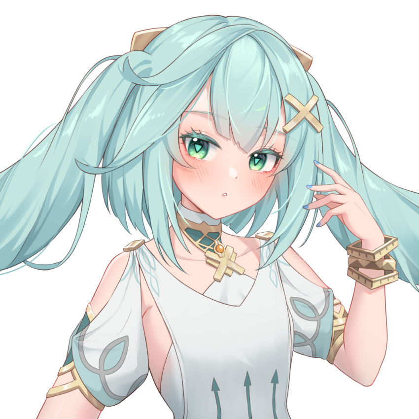 1girl, :o, aqua_hair, bare_shoulders, blush, bracelet, collarbone, dress, faruzan_(genshin_impact), genshin_impact, green_eyes, hair_ornament, jewelry, long_hair, miden_(setoharu_kano), open_mouth, short_sleeves, simple_background, solo, symbol-shaped_pupils, triangle-shaped_pupils, twintails, upper_body, white_background, white_dress, x_hair_ornament