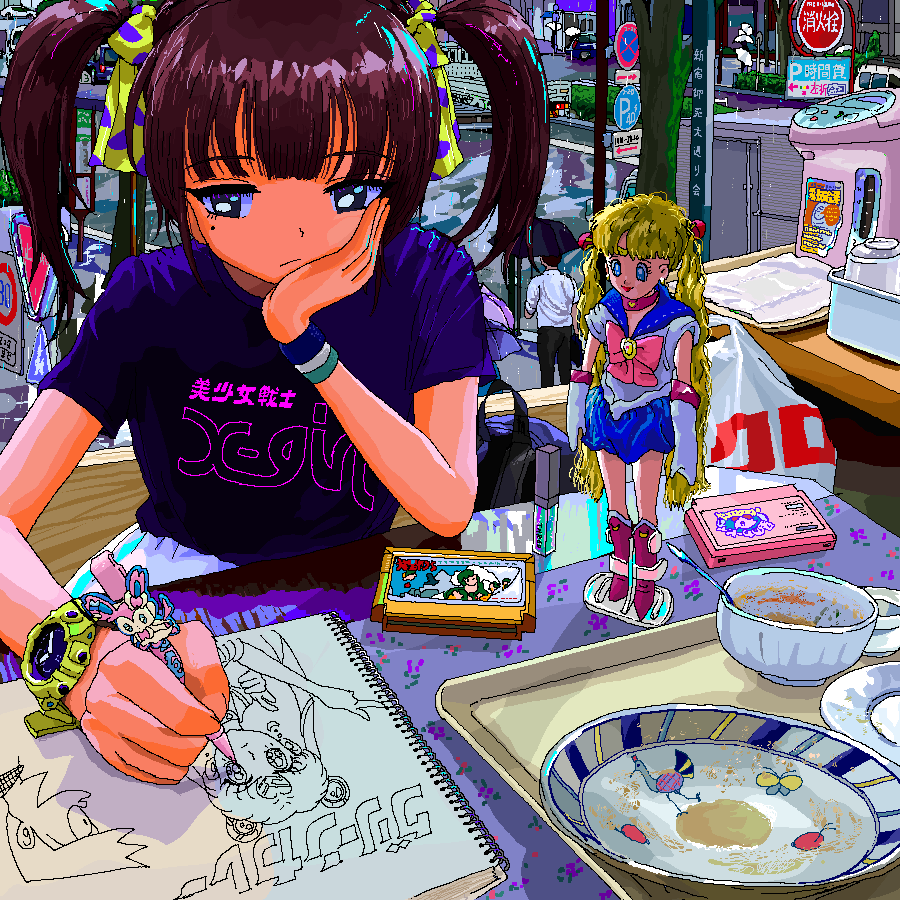 1boy, 1girl, 2000s_(style), ace_akira, bishoujo_senshi_sailor_moon, black_shirt, bowl, brown_hair
