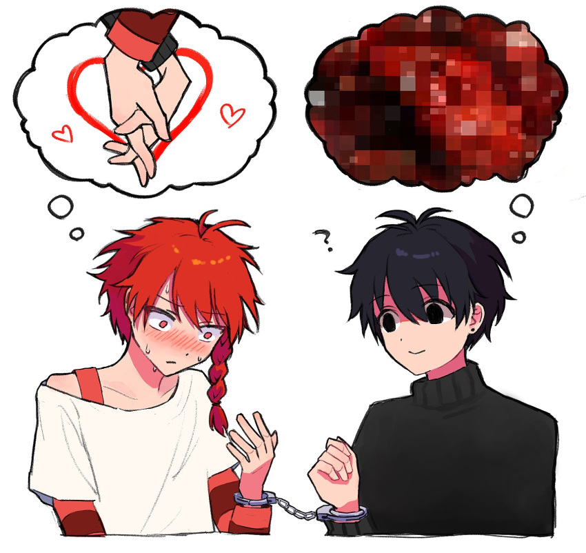 ?, antenna_hair, black_eyes, black_hair, black_sweater, blush, braid, censored, creepy_eyes, heart, highres, holding_hands, maeno_aki, mosaic_censoring, nervous_sweating, red_eyes, redhead, shared_handcuffs, short_hair, single_bare_shoulder, single_braid, sweat, sweater, tsugino_haru, turtleneck, turtleneck_sweater, urooooyoyo, zeno_(game)