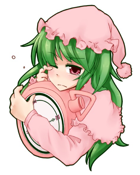 clock, frown, green_hair, haruna_(esidamasii), hat, kazami_yuuka, kazami_yuuka_(pc-98), long_hair, nightcap, pajamas, pocket_watch, red_eyes, rubbing_eyes, simple_background, sleepy, solo, tears, touhou, touhou_(pc-98), watch, white_background, youkai
