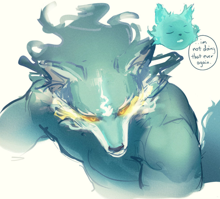 1boy, animal_ears, bare_pectorals, biceps, black_sclera, chibi, closed_eyes, colored_sclera, english_commentary, english_text, fangs, fangs_out, fox_boy, fox_ears, fox_tail, furry, furry_male, glowing, glowing_eyes, green_fur, highres, honkai:_star_rail, honkai_(series), looking_to_the_side, male_focus, multiple_views, muscular, muscular_male, open_mouth, pectorals, speech_bubble, tail, tail_(honkai:_star_rail), tippy_(typpicle), topless_male, white_background, yellow_eyes