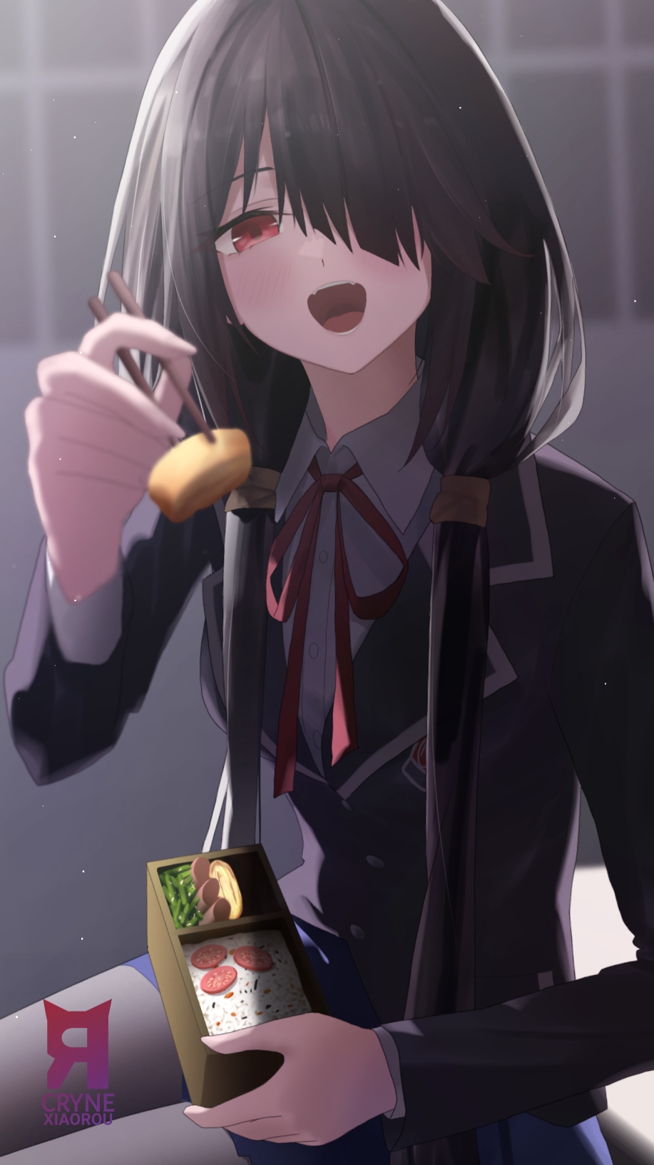 1girl, bento, black_hair, black_jacket, black_pantyhose, blazer, blue_skirt, blush