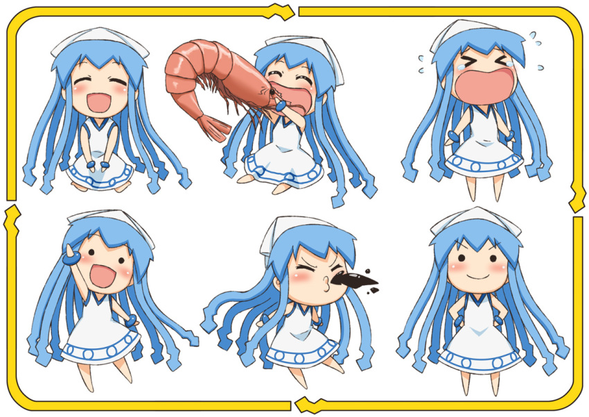 >:), >_<, :d, ^_^, blue_eyes, blue_hair, bracelet, chibi, closed_eyes, dress, eating, errant, hands_on_hips, happy, hat, ikamusume, ink, jewelry, long_hair, mini-ikamusume, minigirl, open_mouth, oversized_object, shinryaku!_ikamusume, shrimp, smile, solo, spitting, squid_ink, tears, tentacle_hair, waving