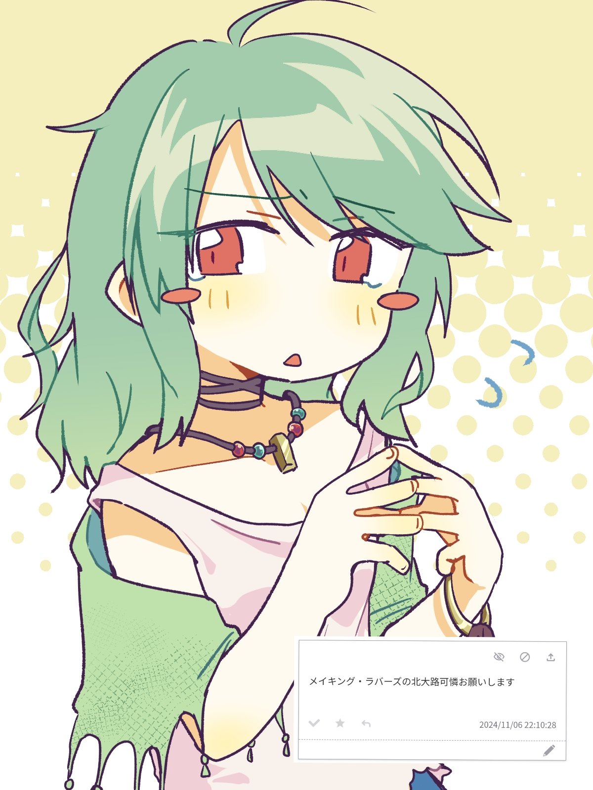 1girl, blush, blush_stickers, bracelet, embarrassed, flying_sweatdrops, green_hair, green_shawl, highres, jewelry, kitaooji_karen, making_lovers, nm_shirasu, orange_eyes, parted_bangs, pendant, polka_dot, polka_dot_background, request_inset, shawl, shirt, solo, steepled_fingers, triangle_mouth, two-tone_background, white_background, white_shirt