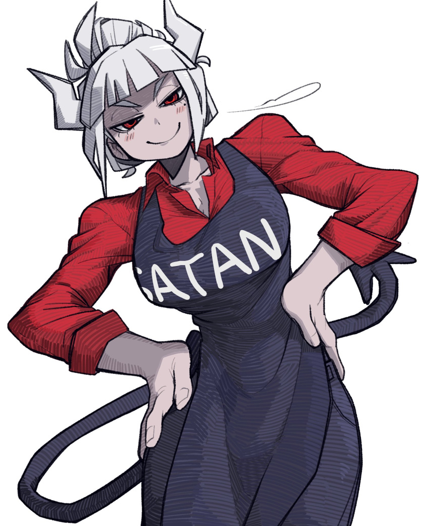 1girl, apron, black_apron, bone_nigi, closed_mouth, clothes_writing, commentary_request, demon_girl