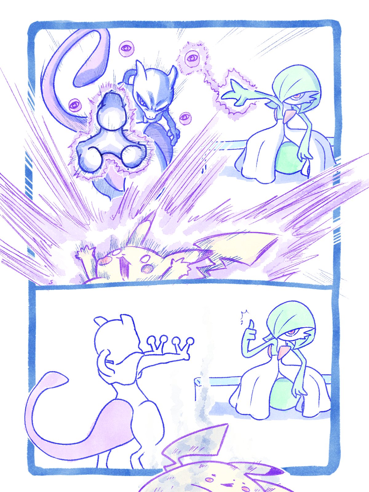 colored_skin, defeat, dress, gardevoir, green_hair, green_skin, highres, imasogari, mewtwo, open_mouth, pikachu, pink_eyes, pokemon, pokemon_(creature), psychic, purple_skin, sitting, smile, smoke, thumbs_up, white_eyes, white_skin, wide-eyed
