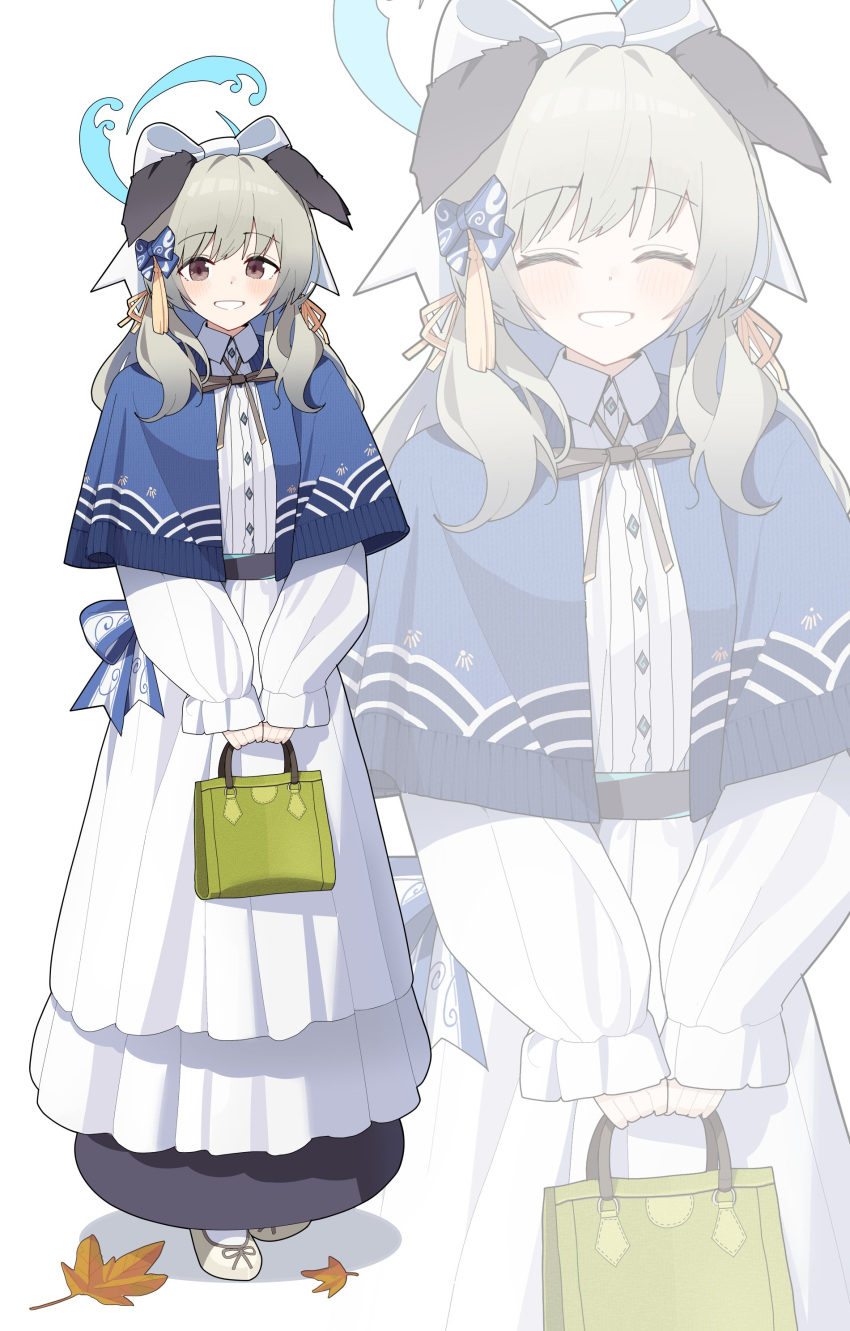 1girl, absurdres, alternate_costume, animal_ears, autumn_leaves, bag, blue_archive, blue_bow, blue_mantle, blush, bow, brown_eyes, brown_ribbon, center_frills, collared_dress, commentary, dog_ears, dog_girl, dress, frilled_dress, frills, full_body, grey_hair, grin, hair_bow, hair_ribbon, halo, handbag, highres, holding, holding_bag, long_dress, looking_at_viewer, low_twintails, mantle, medium_hair, neck_ribbon, patanda, ribbon, simple_background, slippers, smile, socks, solo_focus, standing, twintails, umika_(blue_archive), white_background, white_bow, white_dress, white_socks, yellow_ribbon, zoom_layer