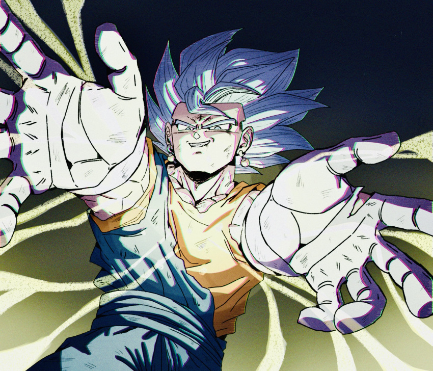 1boy, blue_eyes, blue_hair, chromatic_aberration, commentary_request, dirty, dirty_clothes, dirty_face, dougi, dragon_ball, dragon_ball_super, earrings, floating_hair, gloves, gradient_background, grin, highres, imminent_attack, jewelry, looking_at_viewer, male_focus, muscular, muscular_male, n_v9q, potara_earrings, short_hair, smile, solo, spiky_hair, super_saiyan, super_saiyan_blue, torn_clothes, torn_gloves, vegetto, white_gloves