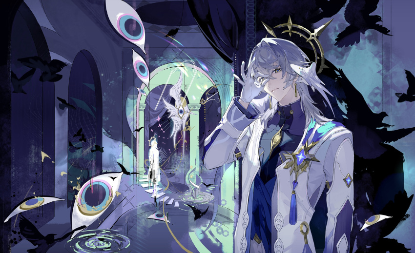 1boy, bishounen, closed_mouth, earrings, gloves, gold_earrings, grey_hair, hair_between_eyes