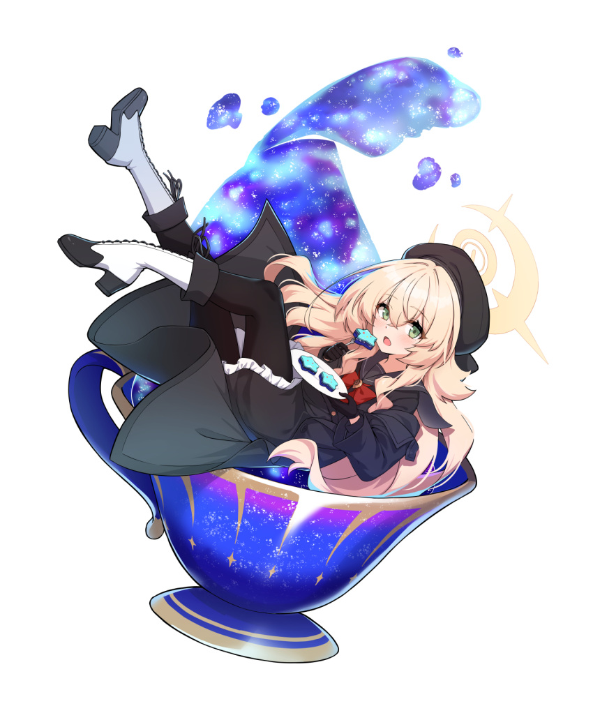1girl, beret, black_coat, black_gloves, black_hat, black_pantyhose, black_sailor_collar, black_serafuku, blonde_hair, blue_archive, blush, boots, bow, bowtie, coat, cup, dvleo, fluffy_hair, food, fork, frilled_skirt, frills, full_body, gloves, green_eyes, hair_between_eyes, halo, hat, highres, holding, holding_fork, holding_plate, long_hair, looking_at_viewer, lying, milky_way, on_back, open_clothes, open_coat, pantyhose, pastry, plate, professor_niyaniya_(blue_archive), red_bow, red_bowtie, sailor_collar, school_uniform, serafuku, side_ahoge, simple_background, skirt, solo, splashing, star_(sky), tea, tea_party, teacup, white_background, white_footwear, yellow_halo