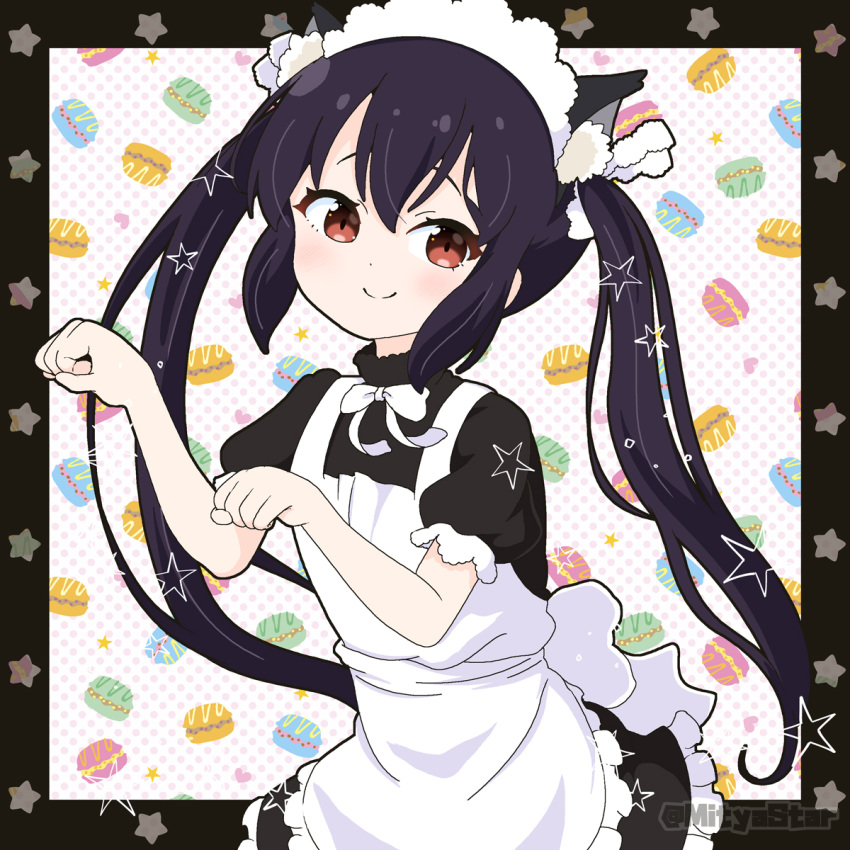1girl, apron, black_border, black_dress, black_hair, border, brown_eyes, closed_mouth