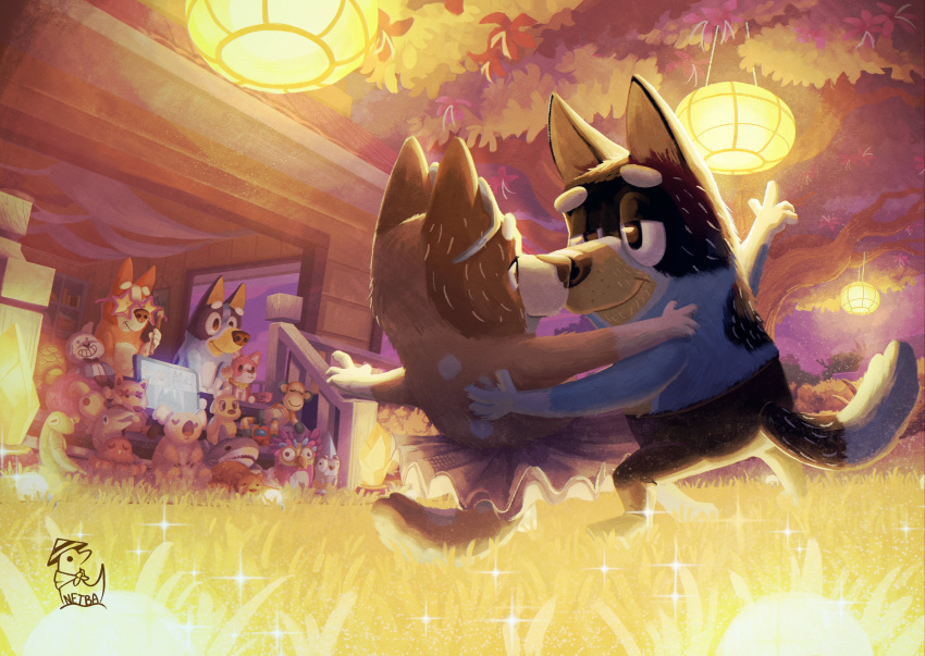 1boy, 3girls, absurdres, ballet_dress, bandit_heeler, bingo_heeler, bluey, bluey_heeler