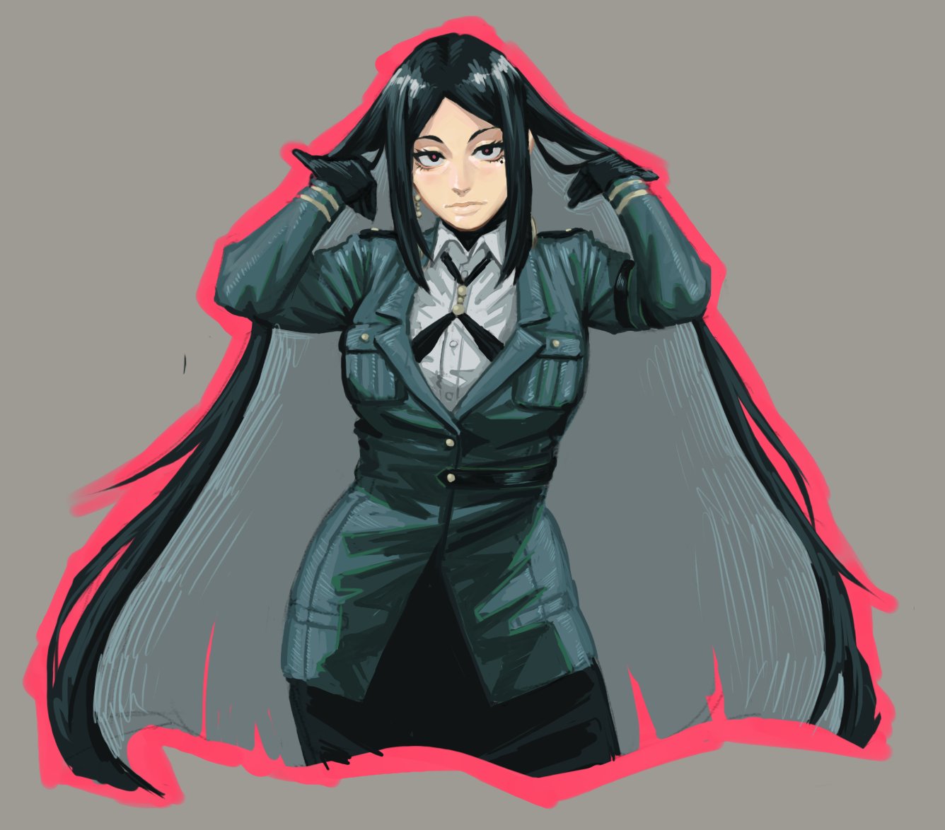 1girl, black_gloves, black_hair, breasts, bright_pupils, collared_shirt, cowboy_shot, cropped_legs, earrings, expressionless, eyelashes, gloves, grey_background, hair_lift, hand_in_own_hair, hands_in_hair, hands_up, jacket, jewelry, long_hair, long_sleeves, looking_at_viewer, mole, mole_under_eye, outline, parted_bangs, pencil_skirt, pxtakart, red_outline, shirt, simple_background, skirt, solo, very_long_hair, white_shirt, yoku-oni, yumiyami_yomi