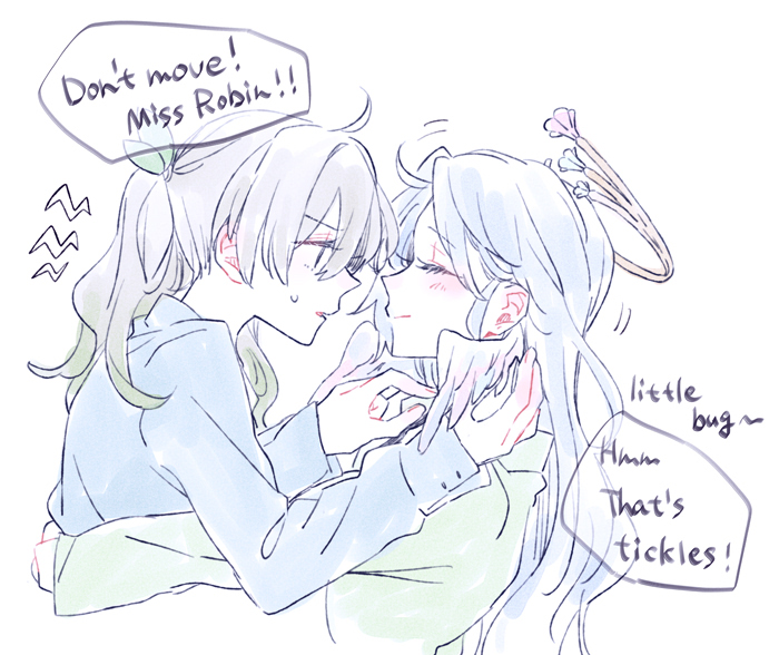 2girls, blue_hair, blue_shirt, blush, closed_eyes, closed_mouth, commentary, english_text