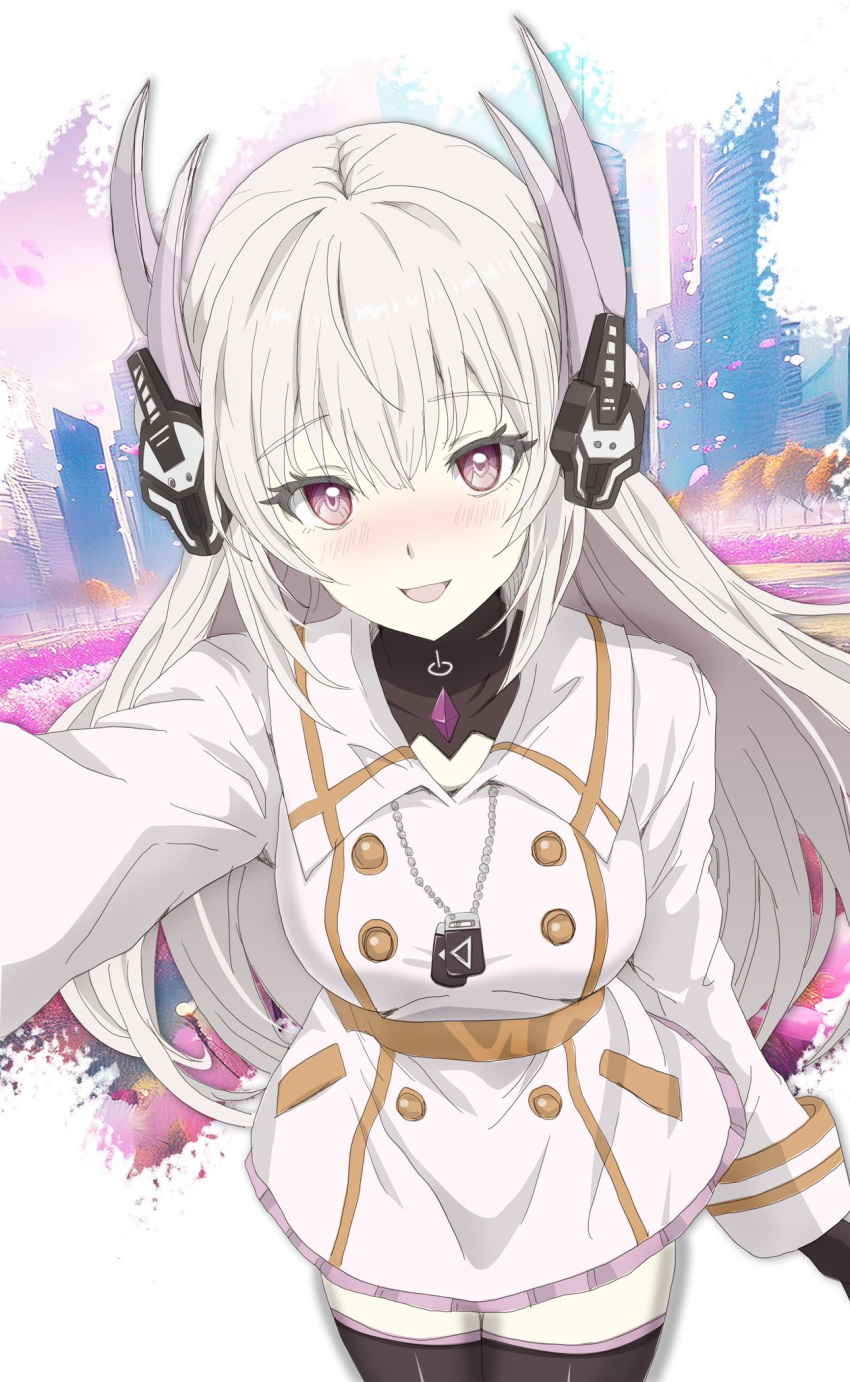 1girl, blush, cowboy_shot, dog_tags, dress, grey_dress, grey_hair, headgear, headphones, highres, liv:_eclipse_(pgr), liv_(pgr), long_hair, long_sleeves, looking_at_viewer, open_mouth, pink_eyes, punishing:_gray_raven, skirt, solo, tokumori_umaai