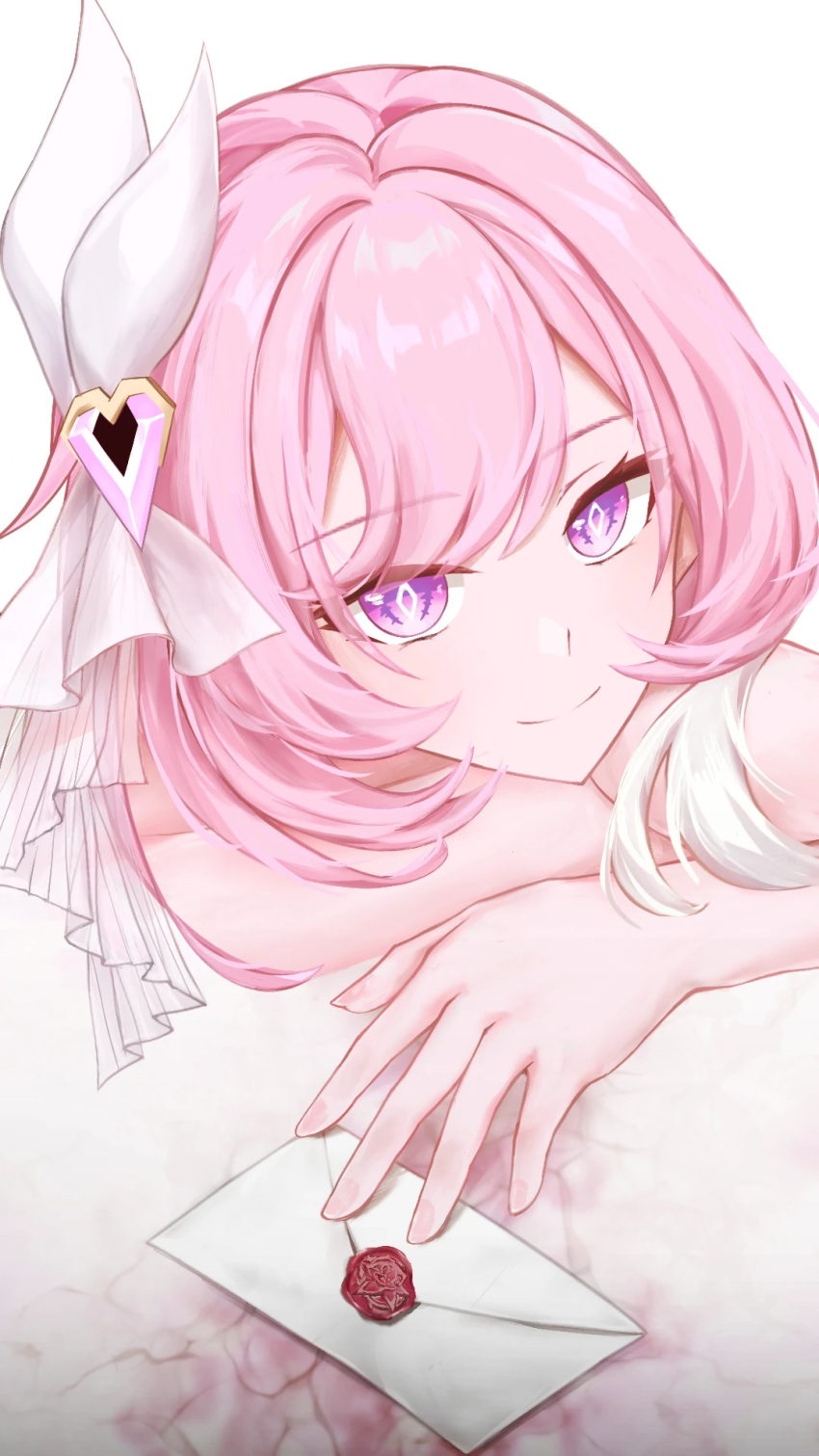 1girl, chinese_commentary, closed_mouth, commentary_request, diamond-shaped_pupils, diamond_(shape), elysia_(herrscher_of_human:_ego)_(honkai_impact), elysia_(honkai_impact), hair_ornament, highres, honkai_(series), honkai_impact_3rd, letter, looking_at_viewer, pink_hair, simple_background, smile, solo, susprin, symbol-shaped_pupils, violet_eyes, white_background