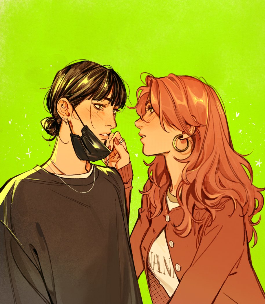 2girls, black_hair, black_mask, black_shirt, blush, commentary, ear_piercing, earrings