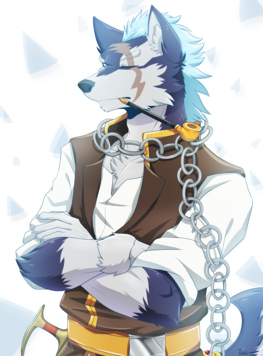 1boy, absurdres, animal_ear_fluff, animal_ears, belt, black_vest, blue_hair, chain