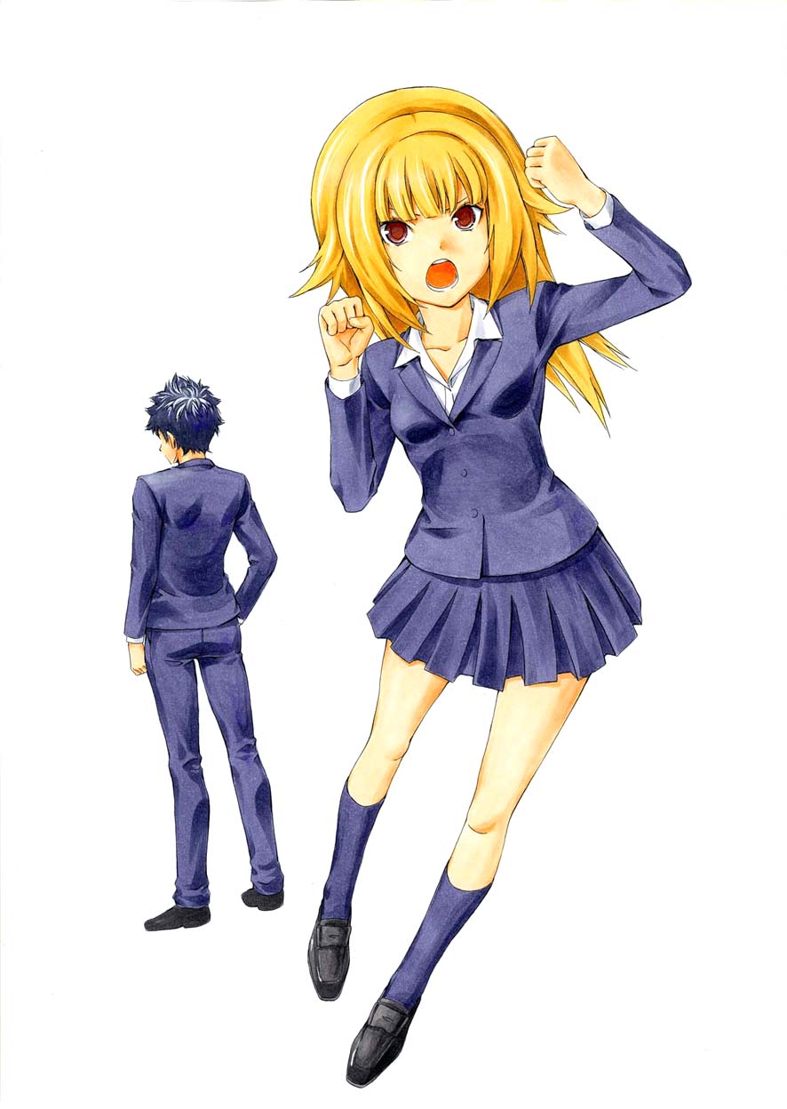 1boy, 1girl, angry, black_footwear, black_hair, blazer, blonde_hair, blue_jacket