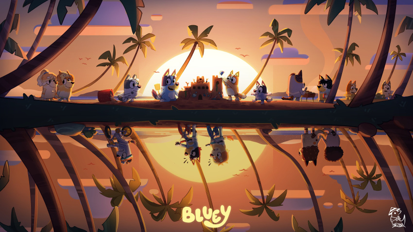 4boys, 6+girls, absurdres, artist_logo, bandit_heeler, beach, bicycle, bingo_heeler, bird, bluey, bluey_heeler, bob_heeler, bucket, chilli_heeler, chris_heeler, cooking, frisky_heeler, grilling, highres, logo, muffin_heeler, multiple_boys, multiple_girls, netba_art, palm_tree, racing, radley_heeler, reflection, reflective_water, sand_castle, sand_sculpture, seagull, socks_heeler, soda_bottle, stripe_heeler, tree, trixie_heeler