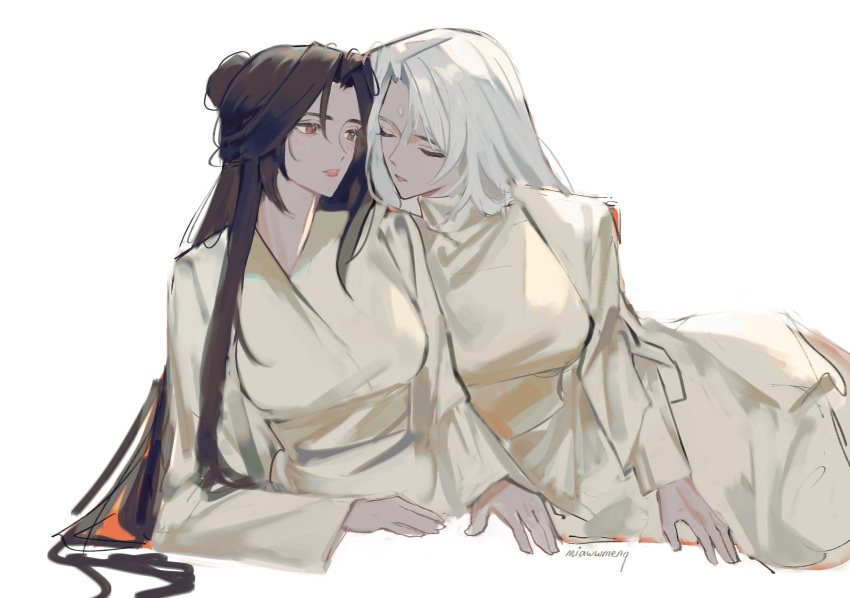 2girls, absurdres, artist_name, black_hair, blush, breasts, closed_eyes, forehead_jewel