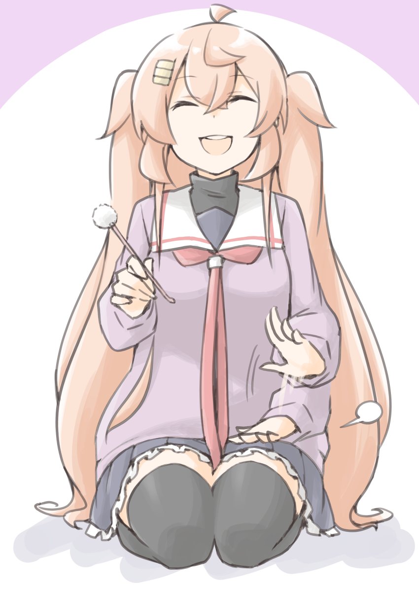 1girl, akara_kai, black_thighhighs, breasts, brown_hair, cotton_swab, ear_cleaning, hair_flaps