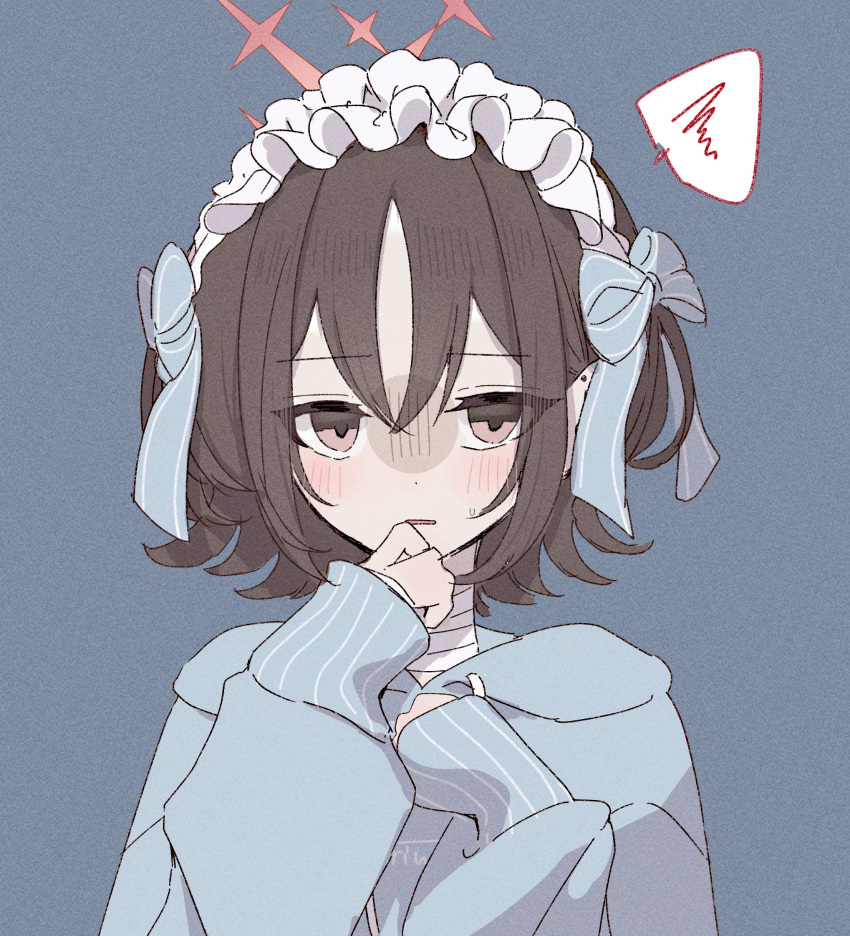 1girl, annoyed, bandaged_neck, bandages, blue_archive, blue_background, blue_hoodie, blush